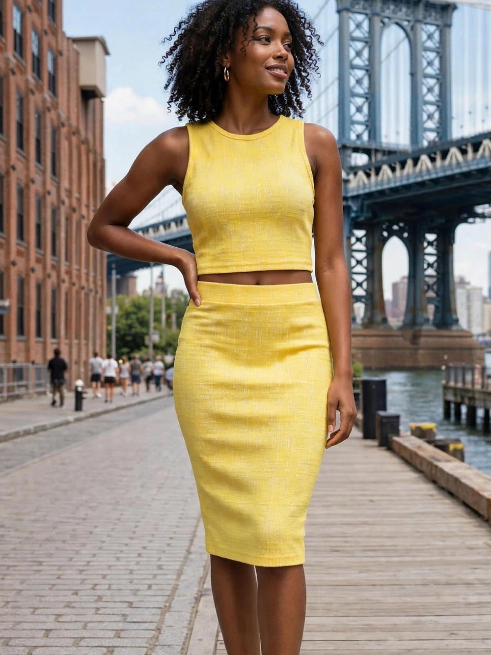 SHEIN Yellow Textured Two-Piece Matching Set | Crop Top & Pencil Skirt | Size M